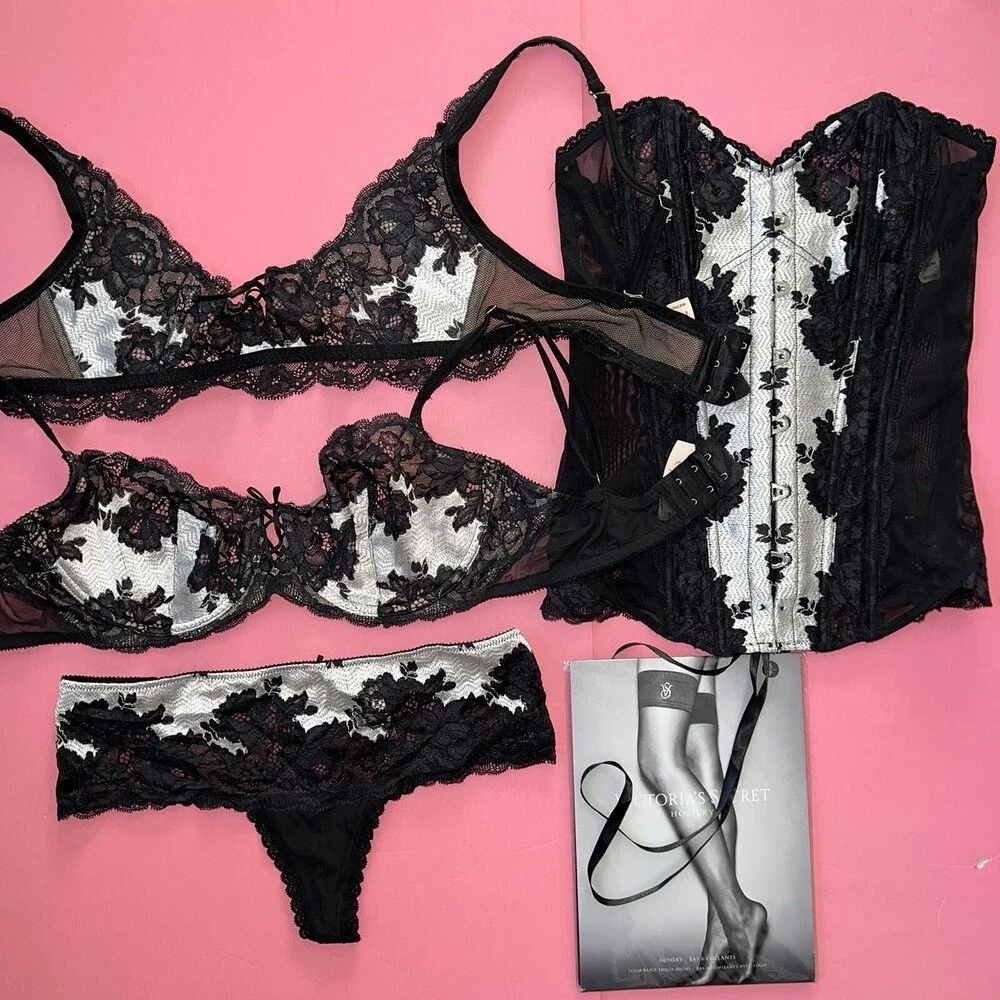 Victoria's Secret 36D BRA SET+M SLING+CORSET Black White Silver Sexy Seduction